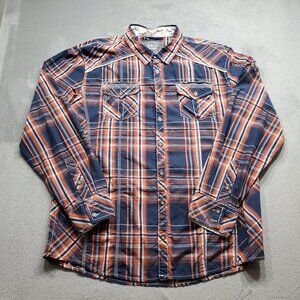 BKE Athletic Fit Long Sleeve Button Up Plaid Shirt Navy Burnt Orange Men Sz XL